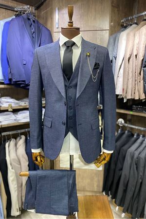 Slimfit Kesim Erkek Armur Desen Yelekli Takim Elbise-MAVİ