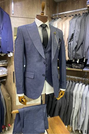 Slimfit Kesim Erkek Armur Desen Yelekli Takim Elbise-MAVİ