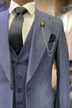 Slimfit Kesim Erkek Armur Desen Yelekli Takim Elbise-MAVİ