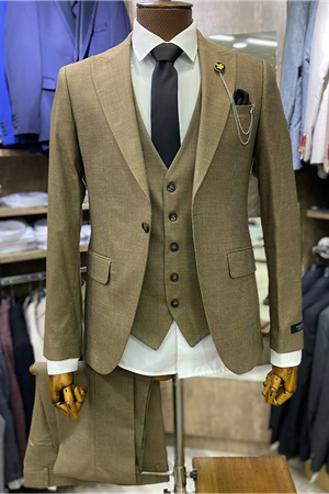 Slimfit Kesim Erkek Armur Desen Yelekli Takim Elbise-TABA