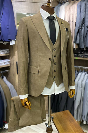 Slimfit Kesim Erkek Armur Desen Yelekli Takim Elbise-TABA