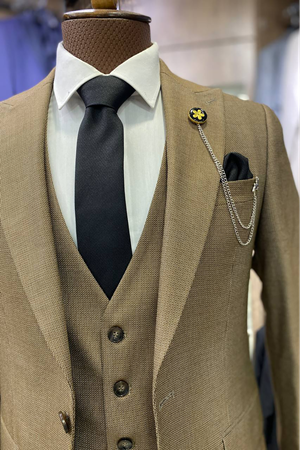 Slimfit Kesim Erkek Armur Desen Yelekli Takim Elbise-TABA