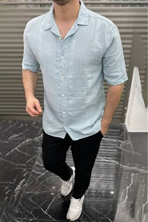 Regular Kesim Desenli Kısa Kollu Cotton Gömlek-SIS MAVI