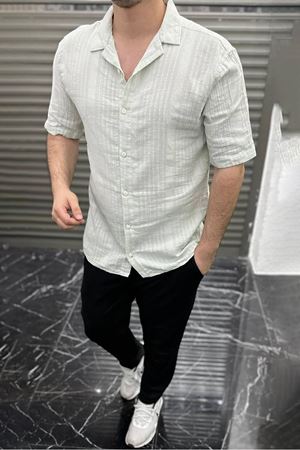 Regular Kesim Desenli Kısa Kollu Cotton Gömlek-BEJ