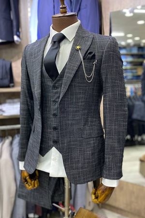 Slimfit Kesim Erkek Desenli Yelekli Takim Elbise-FÜME