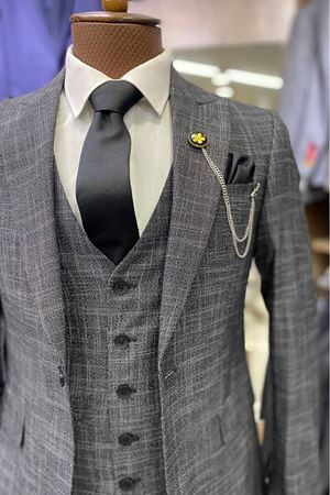 Slimfit Kesim Erkek Desenli Yelekli Takim Elbise-FÜME