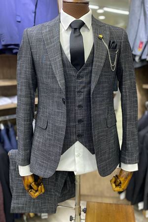 Slimfit Kesim Erkek Desenli Yelekli Takim Elbise-FÜME