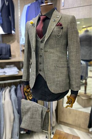 Slimfit Kesim Erkek Desenli Yelekli Takim Elbise-KAHVE