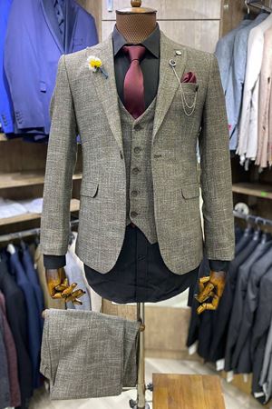 Slimfit Kesim Erkek Desenli Yelekli Takim Elbise-KAHVE