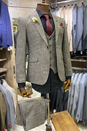 Slimfit Kesim Erkek Desenli Yelekli Takim Elbise-KAHVE