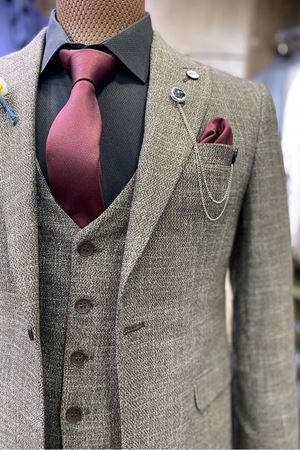 Slimfit Kesim Erkek Desenli Yelekli Takim Elbise-KAHVE