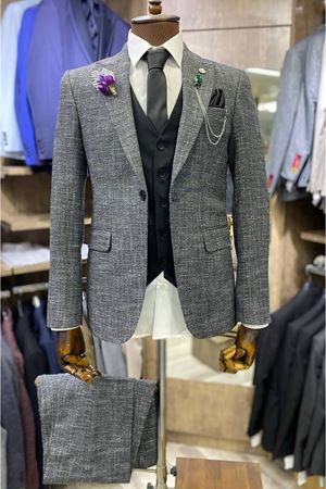 Slimfit Kesim Erkek Desenli Yelekli Takim Elbise-GRİ