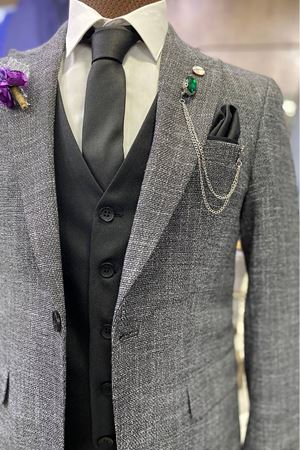 Slimfit Kesim Erkek Desenli Yelekli Takim Elbise-GRİ