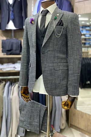 Slimfit Kesim Erkek Desenli Yelekli Takim Elbise-GRİ