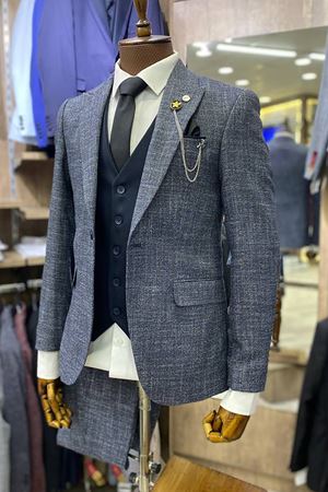 Slimfit Kesim Erkek Desenli Yelekli Takim Elbise-INDIGO