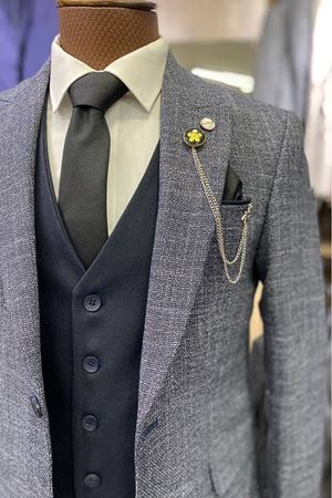 Slimfit Kesim Erkek Desenli Yelekli Takim Elbise-INDIGO