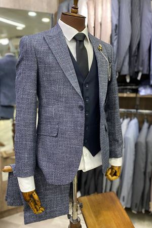 Slimfit Kesim Erkek Desenli Yelekli Takim Elbise-INDIGO