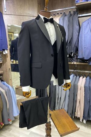Slimfit Kesim Damatlık Kadife Yaka Yelekli Takım Elbise-SİYAH