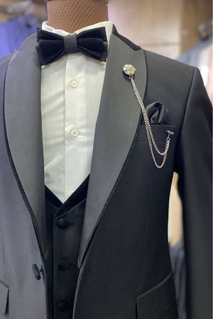 Slimfit Kesim Damatlık Kadife Yaka Yelekli Takım Elbise-SİYAH