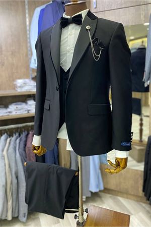 Slimfit Kesim Damatlık Kadife Yaka Yelekli Takım Elbise-SİYAH