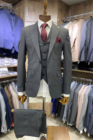 Slimfit Kesim Kus Gözü Desen Erkek Yelekli Takim Elbise-DUMAN