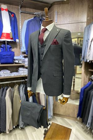 Slimfit Kesim Kus Gözü Desen Erkek Yelekli Takim Elbise-DUMAN