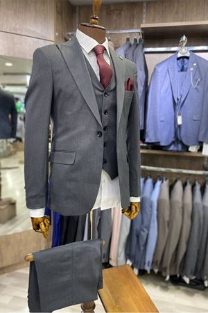 Slimfit Kesim Kus Gözü Desen Erkek Yelekli Takim Elbise-DUMAN