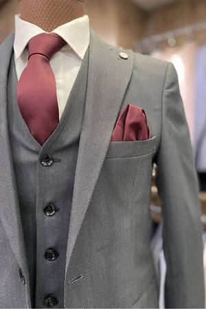 Slimfit Kesim Kus Gözü Desen Erkek Yelekli Takim Elbise-DUMAN