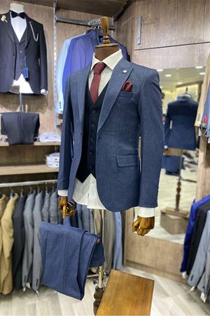 Slimfit Kesim Kus Gözü Desen Erkek Yelekli Takim Elbise-SIS MAVI