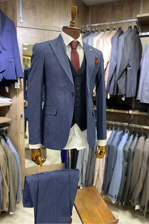 Slimfit Kesim Kus Gözü Desen Erkek Yelekli Takim Elbise-SIS MAVI