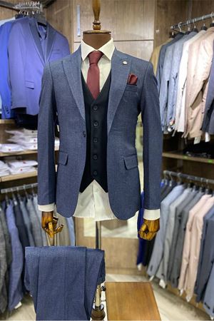 Slimfit Kesim Kus Gözü Desen Erkek Yelekli Takim Elbise-SIS MAVI