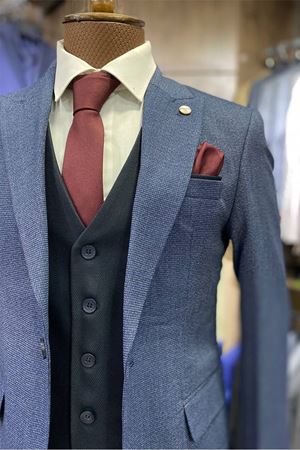 Slimfit Kesim Kus Gözü Desen Erkek Yelekli Takim Elbise-SIS MAVI