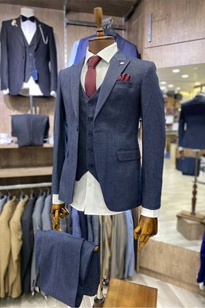 Slimfit Kesim Kus Gözü Desen Erkek Yelekli Takim Elbise-MAVİ