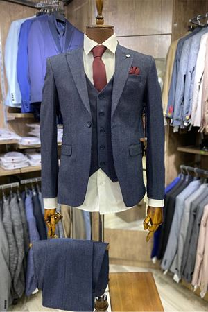 Slimfit Kesim Kus Gözü Desen Erkek Yelekli Takim Elbise-MAVİ