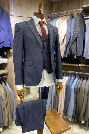 Slimfit Kesim Kus Gözü Desen Erkek Yelekli Takim Elbise-MAVİ