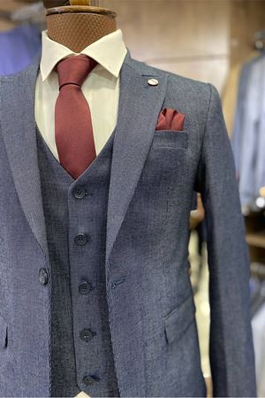 Slimfit Kesim Kus Gözü Desen Erkek Yelekli Takim Elbise-MAVİ