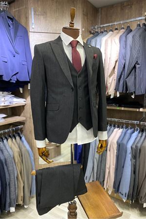 Slimfit Kesim Kus Gözü Desen Erkek Yelekli Takim Elbise-ANTRASİT