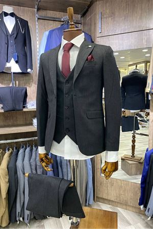 Slimfit Kesim Kus Gözü Desen Erkek Yelekli Takim Elbise-ANTRASİT