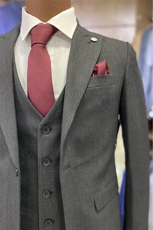 Slimfit Kesim Kus Gözü Desen Erkek Yelekli Takim Elbise-ANTRASİT