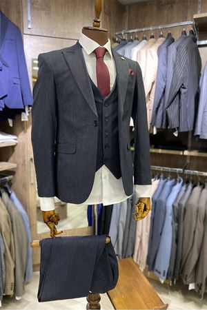 Slimfit Kesim Kus Gözü Desen Erkek Yelekli Takim Elbise-LACİVERT