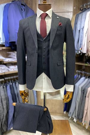 Slimfit Kesim Kus Gözü Desen Erkek Yelekli Takim Elbise-LACİVERT