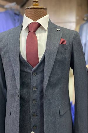 Slimfit Kesim Kus Gözü Desen Erkek Yelekli Takim Elbise-LACİVERT