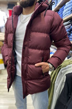 Slimfit Kesim Erkek Sisme Kapuşonlu Mont-BORDO