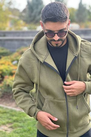 Slimfit Kesim Kapşonlu Fermuarlı Sardonlu Swetshirt-HAKİ