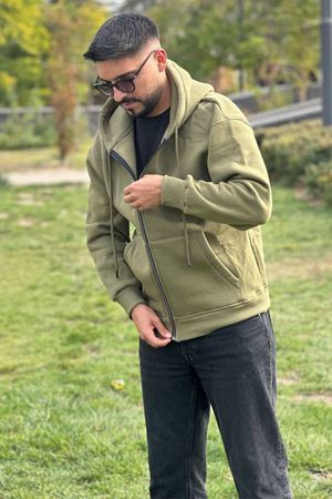 Slimfit Kesim Kapşonlu Fermuarlı Sardonlu Swetshirt-HAKİ