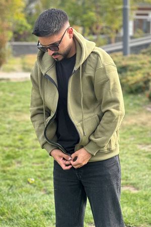 Slimfit Kesim Kapşonlu Fermuarlı Sardonlu Swetshirt-HAKİ