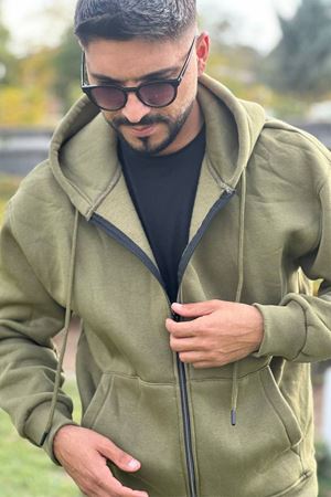 Slimfit Kesim Kapşonlu Fermuarlı Sardonlu Swetshirt-HAKİ