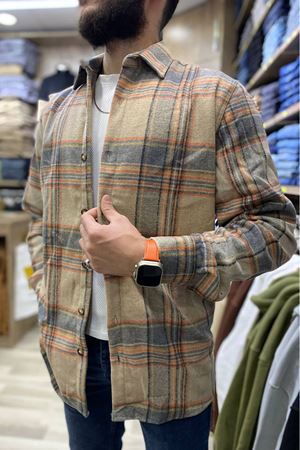 KOD:232057 Slimfit Kesim Erkek Ekose Desen Oduncu Gömlek-BEJ