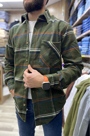 Slimfit Kesim Erkek Tek Cepli Oduncu Gömlek-HAKİ