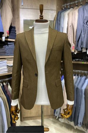 Slimfit Kesim Erkek Düz Desen Tek Ceket-KAHVE